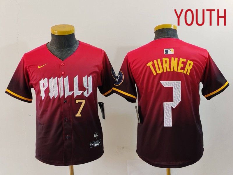 Youth Philadelphia Phillies #7 Turner Red City Edition 2024 Nike MLB Jersey style 2->youth mlb jersey->Youth Jersey